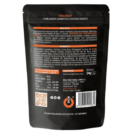 WUG DELAY Chicle funcional con Zinc Selenio y Vitamina B6 para mayor control y resistencia en los momentos intimos