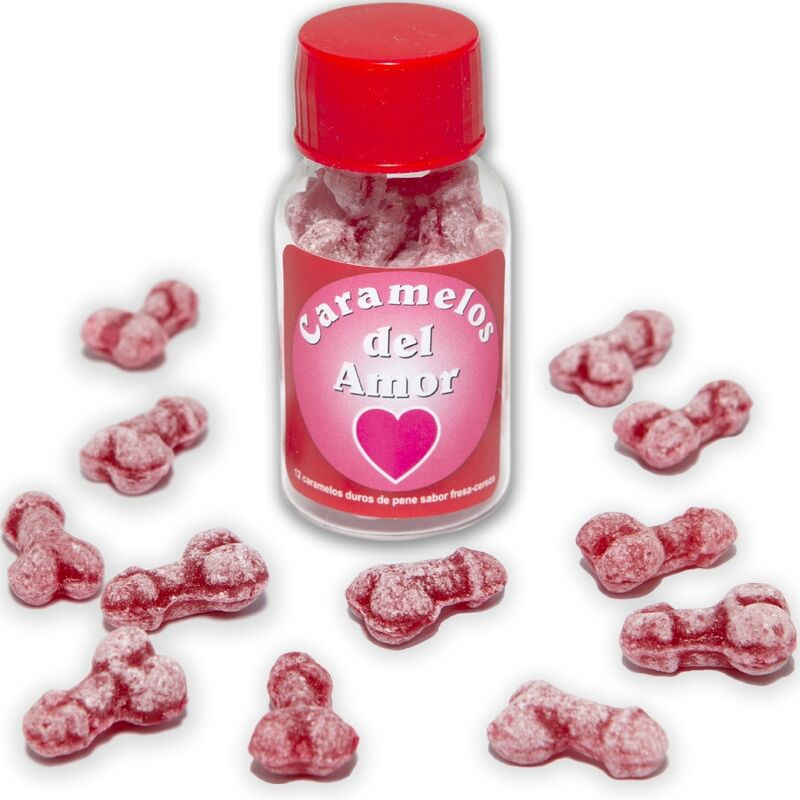 DIABLO PICANTE 12 CARAMELOS DEL AMOR FORMA PENE FRESA CEREZA