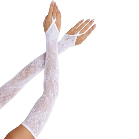 LEG AVENUE GUANTES EXTRALARGOS CALIENTABRAZOS DE ENCAJE FLORAL BLANCO