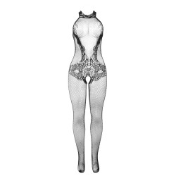 SUBBLIME 951801 BODYSTOCKING CROTCHLESS DE REJILLA Y ENCAJE CON CUELLO ALTO NEGRO TALLA UNICA