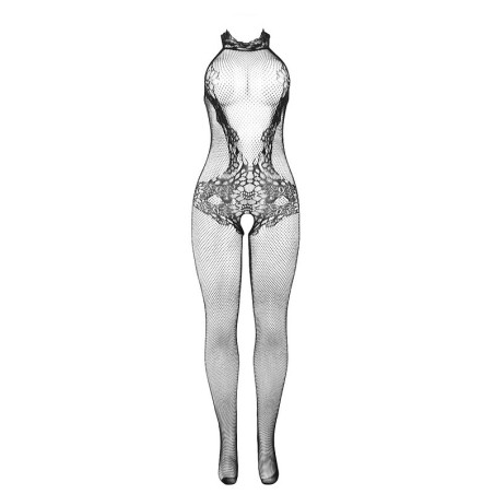 SUBBLIME 951801 BODYSTOCKING CROTCHLESS DE REJILLA Y ENCAJE CON CUELLO ALTO NEGRO TALLA UNICA