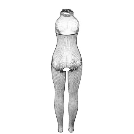 SUBBLIME 951801 BODYSTOCKING CROTCHLESS DE REJILLA Y ENCAJE CON CUELLO ALTO NEGRO TALLA UNICA