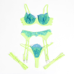 SUBBLIME 955328 SET SUJETADOR CON ENCAJE Y LIGUEROS VERDE Y AZUL L XL