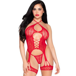 LEG AVENUE 89338 SET BODY ABIERTO CON LIGUERO TANGA DE ENCAJE ROJO TALLA UNICA