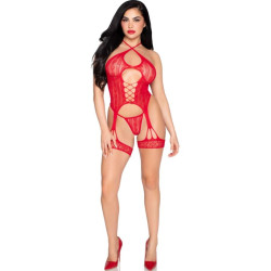 LEG AVENUE 89338 SET BODY ABIERTO CON LIGUERO TANGA DE ENCAJE ROJO TALLA UNICA