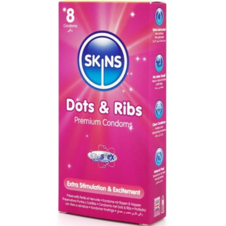 SKINS DOTS RIBS PRESERVATIVOS PREMIUM PACK 8